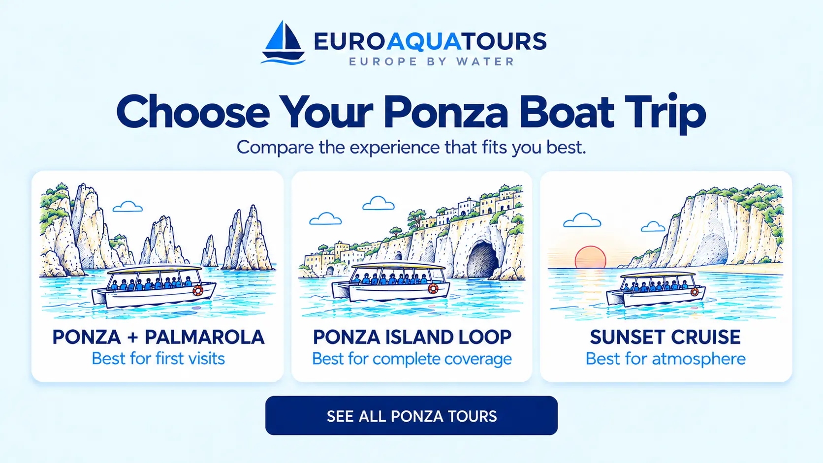 Ponza boat tour options including Ponza and Palmarola trips, island loops and sunset cruises