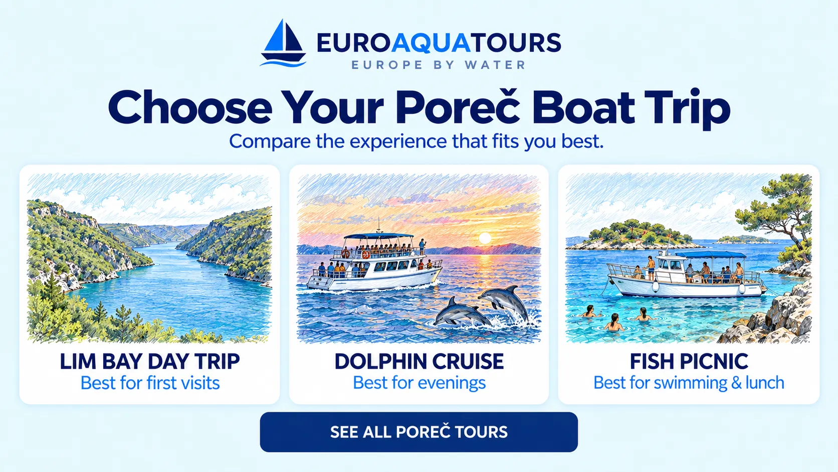 Poreč boat tour options including Lim Bay day trips, dolphin cruises and fish picnics