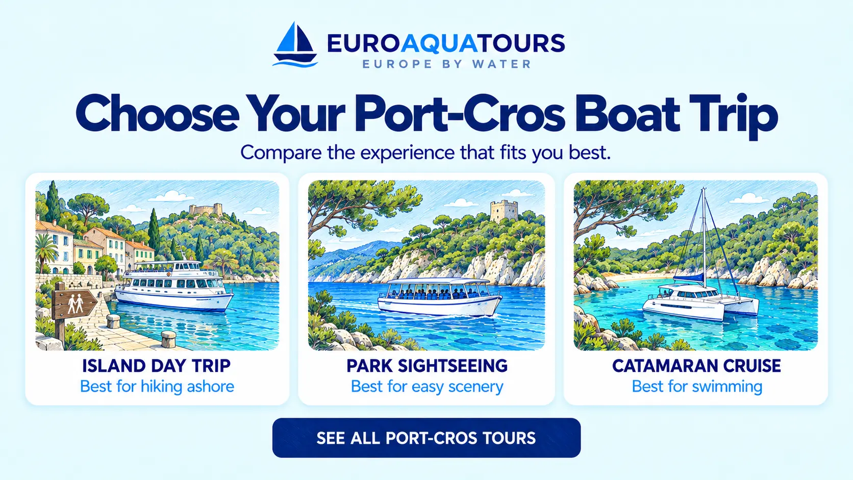 Port-Cros boat tour options including island day trips, national park sightseeing and catamaran cruises