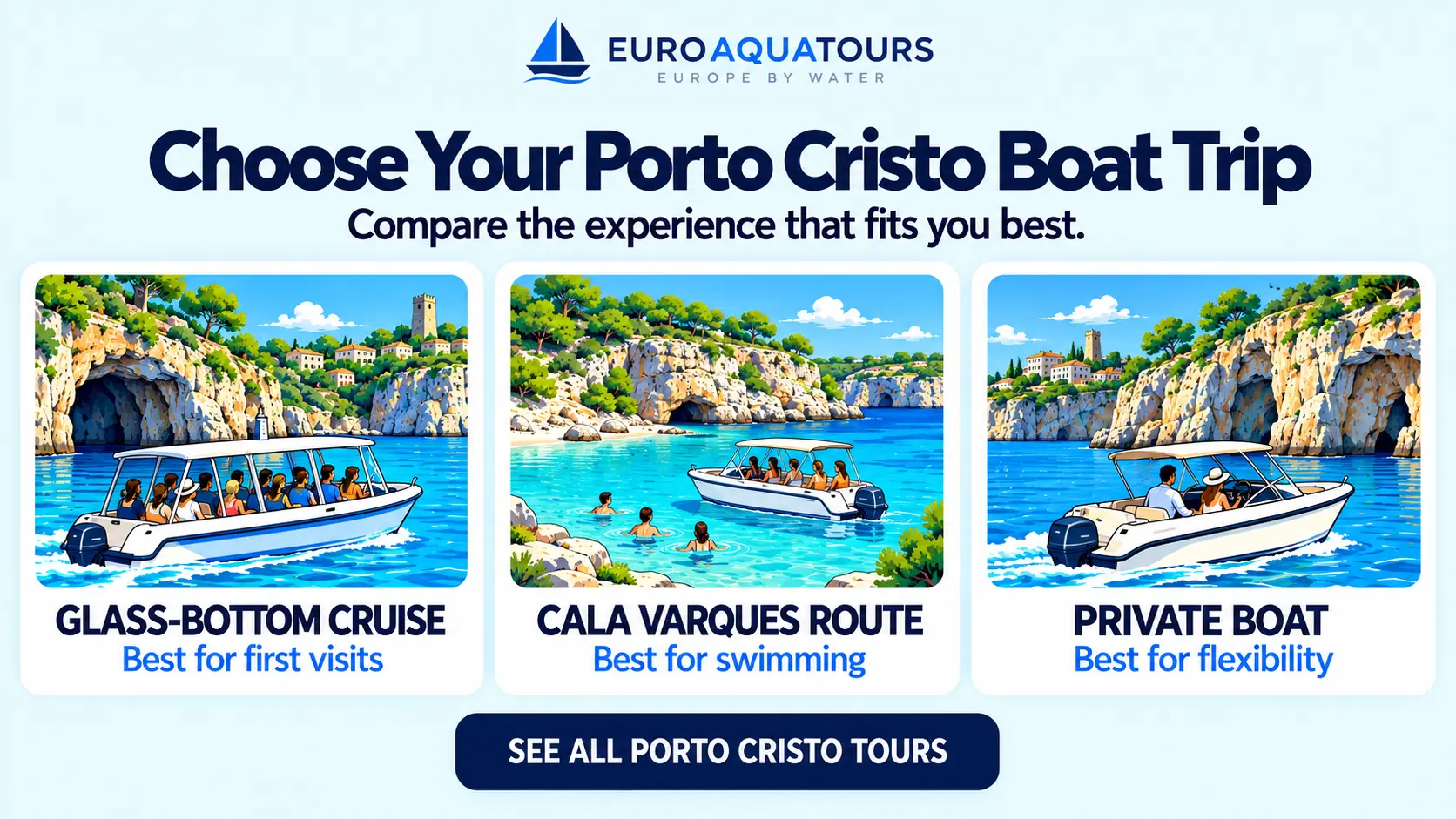Porto Cristo boat tour options including glass-bottom cruises, Cala Varques routes and private boats