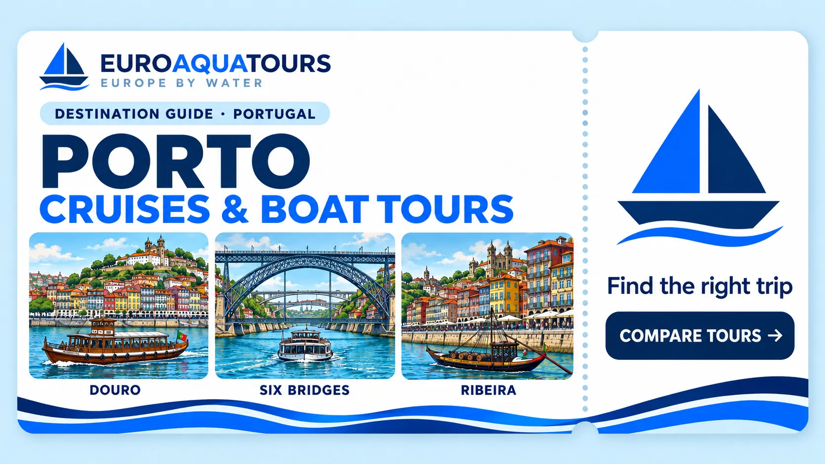EuroAquaTours Porto destination guide with Douro, Six Bridges and Ribeira cruise scenes