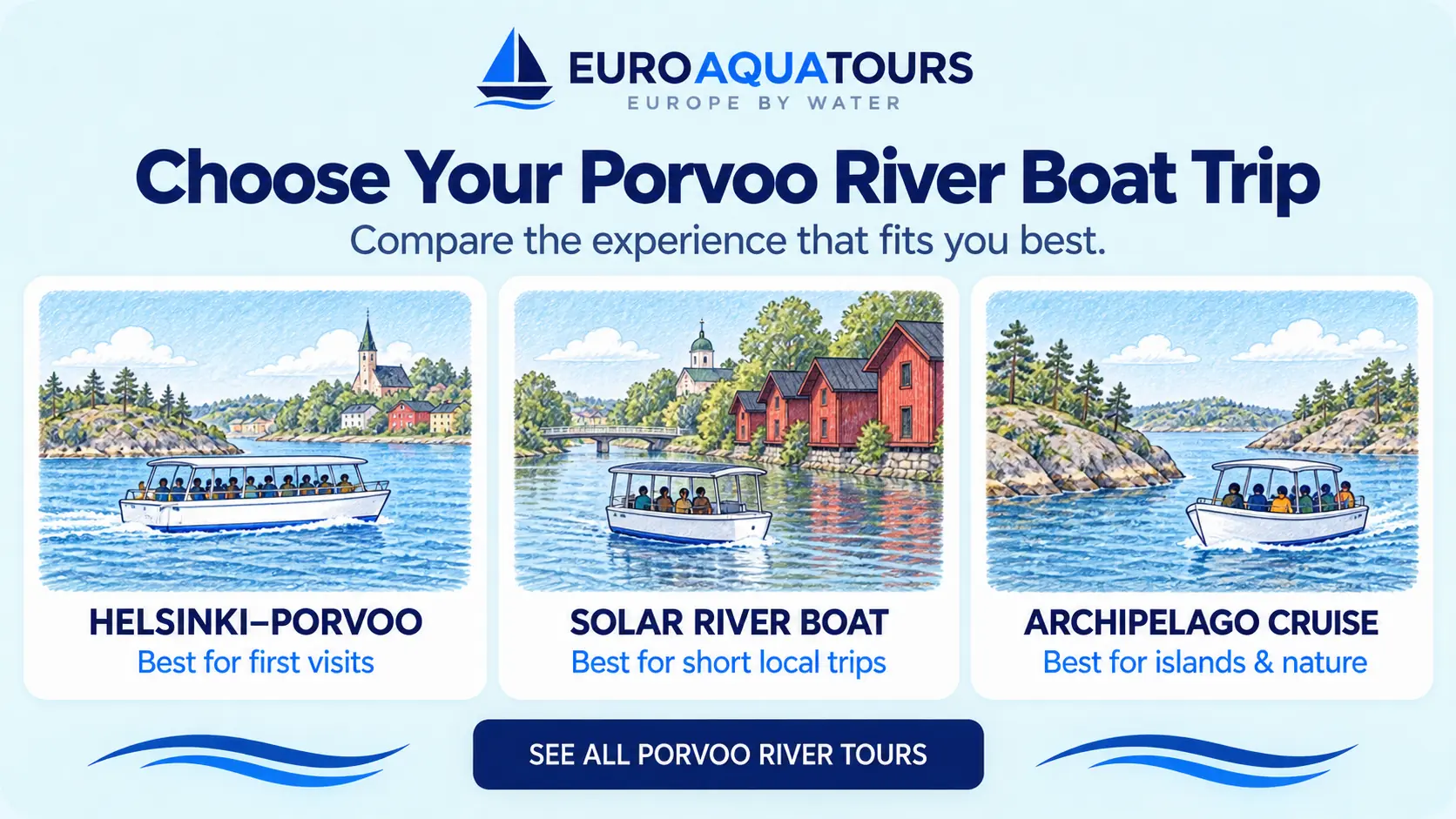Porvoo River boat tour options including Helsinki to Porvoo cruises, solar river boats and archipelago trips