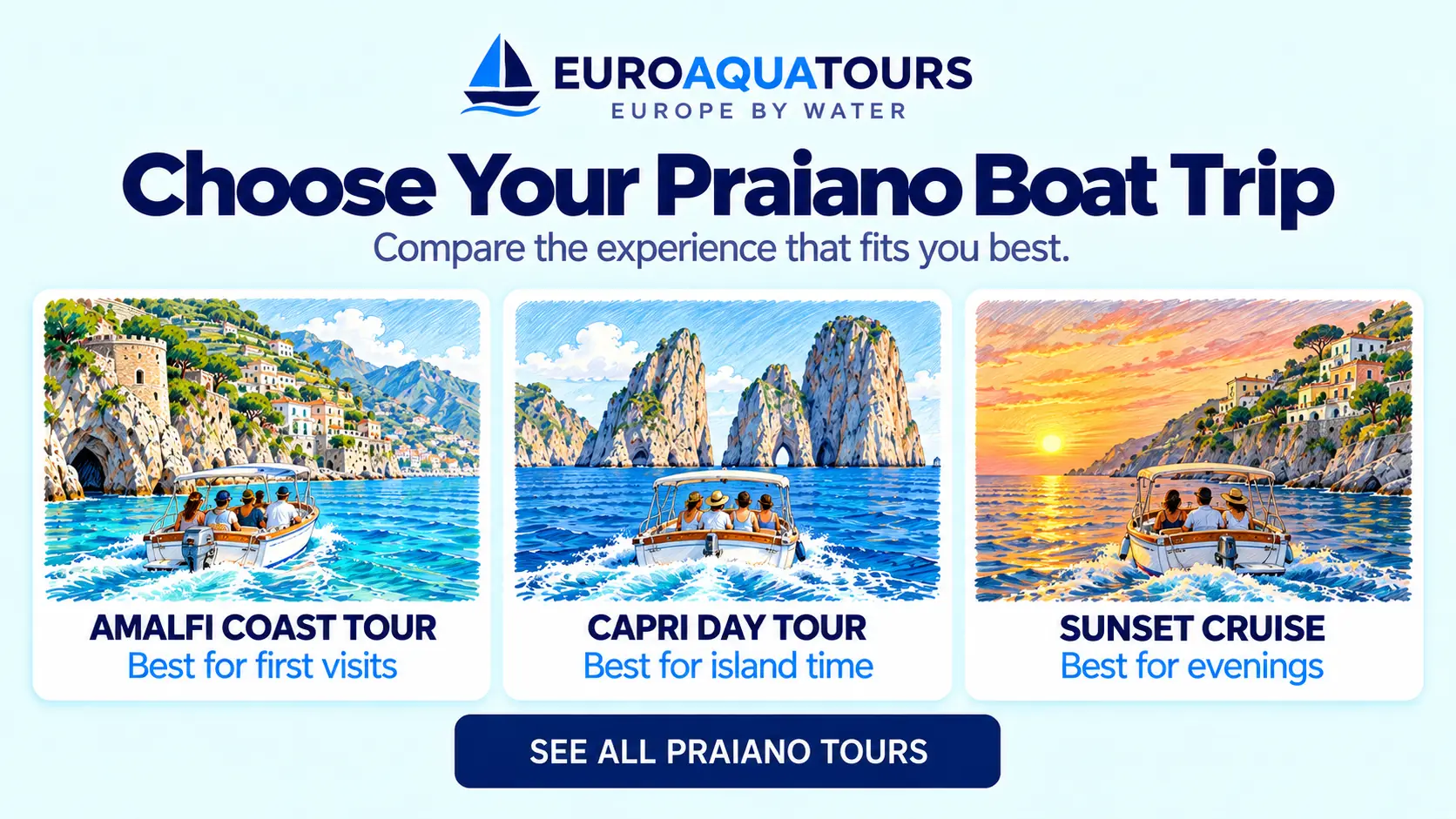 Praiano boat tour options including Amalfi Coast tours, Capri day trips and sunset cruises