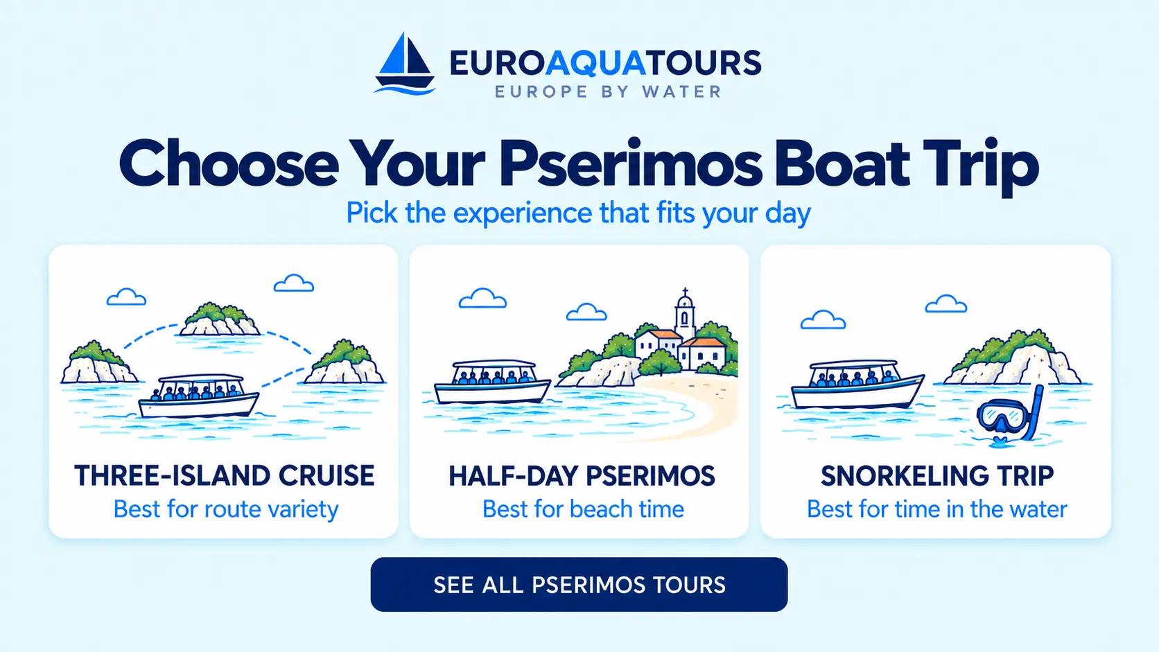 Pserimos boat trip options including three-island cruises, half-day beach trips and snorkeling
