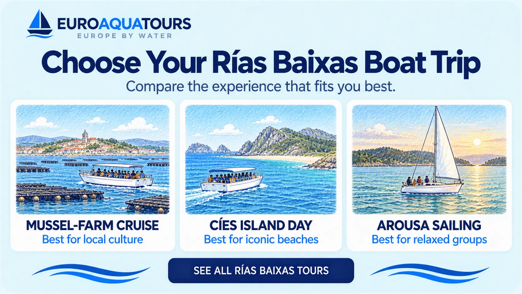 Rías Baixas boat tour options including mussel-farm cruises, Cíes Island day trips and Arousa sailing