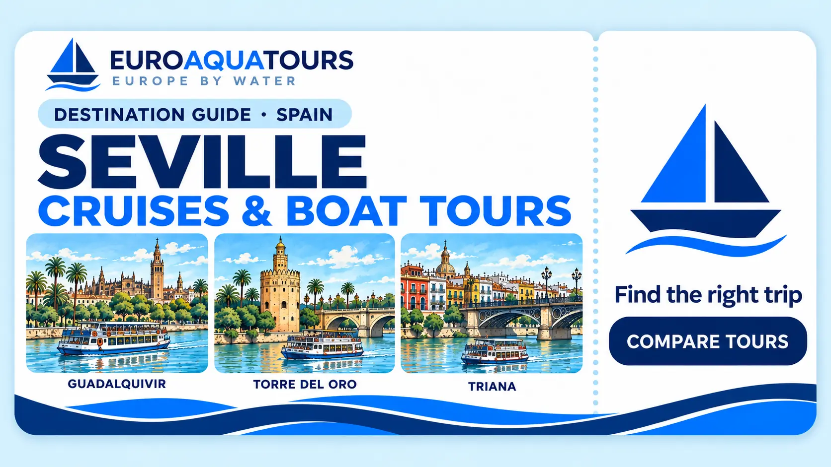 EuroAquaTours Seville destination guide with Guadalquivir, Torre del Oro and Triana cruise scenes