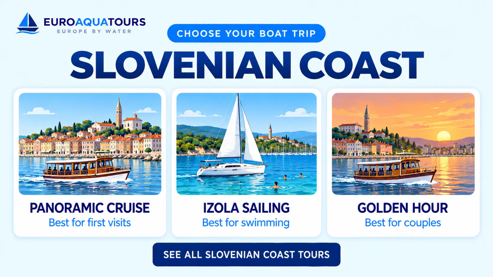 Slovenian Coast boat tour options including panoramic cruises, Izola sailing and golden-hour trips