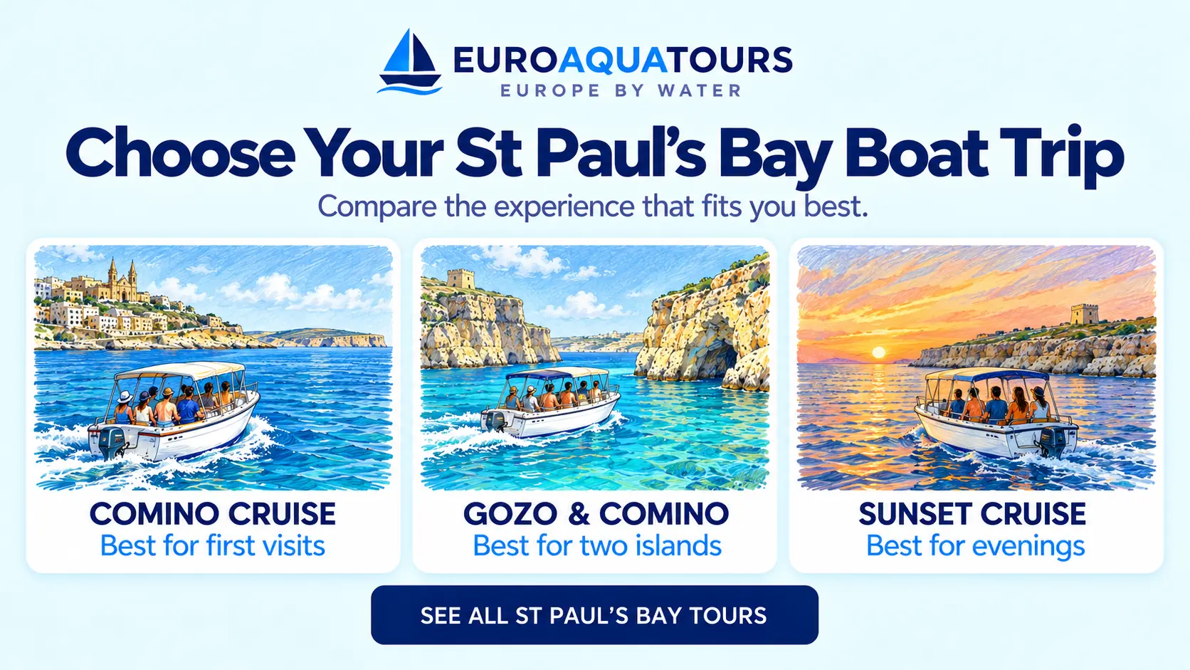 St Paul’s Bay boat tour options including Comino cruises, Gozo and Comino tours and sunset cruises