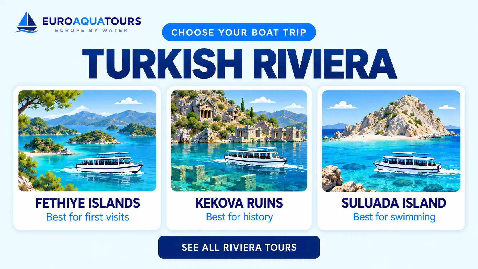 Turkish Riviera boat tour options including Fethiye Islands, Kekova ruins and Suluada Island trips