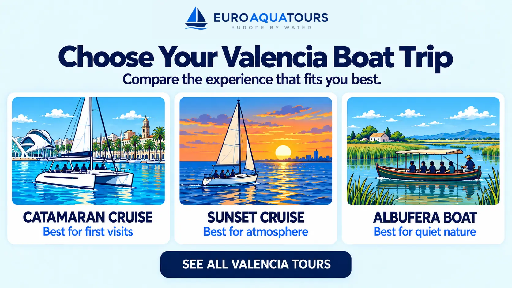 Valencia boat tour options including catamaran cruises, sunset sailing and Albufera boat trips