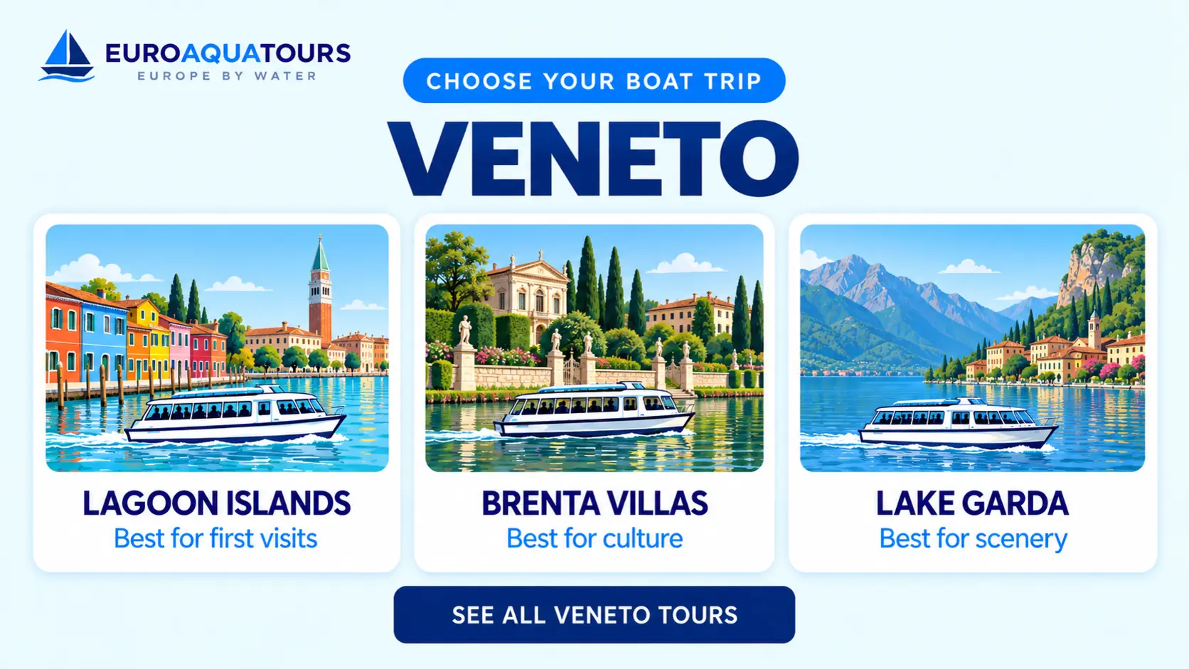 Veneto boat tour options including lagoon islands, Brenta villas and Lake Garda cruises