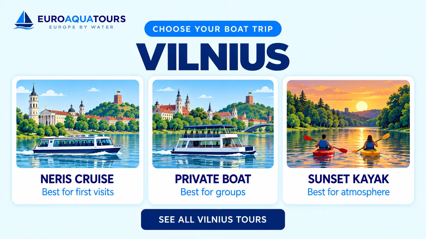 Vilnius water trip options including Neris cruises, private boats and sunset kayaking