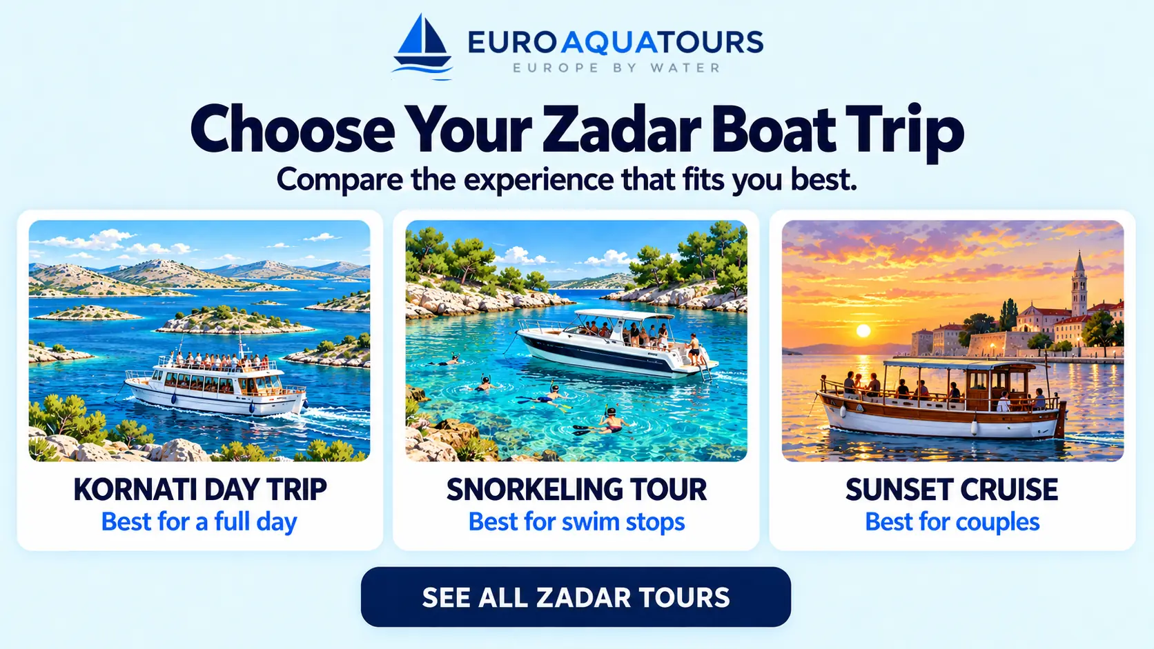 Zadar boat tour options including Kornati day trips, snorkeling tours and sunset cruises
