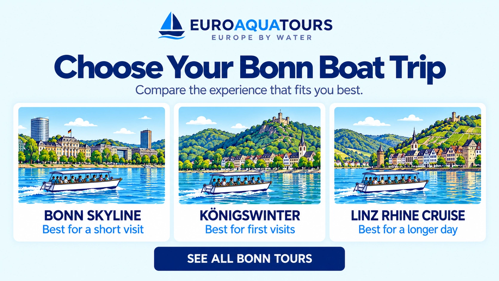 Choose a Bonn boat trip: city skyline, Königswinter or a longer Rhine cruise to Linz