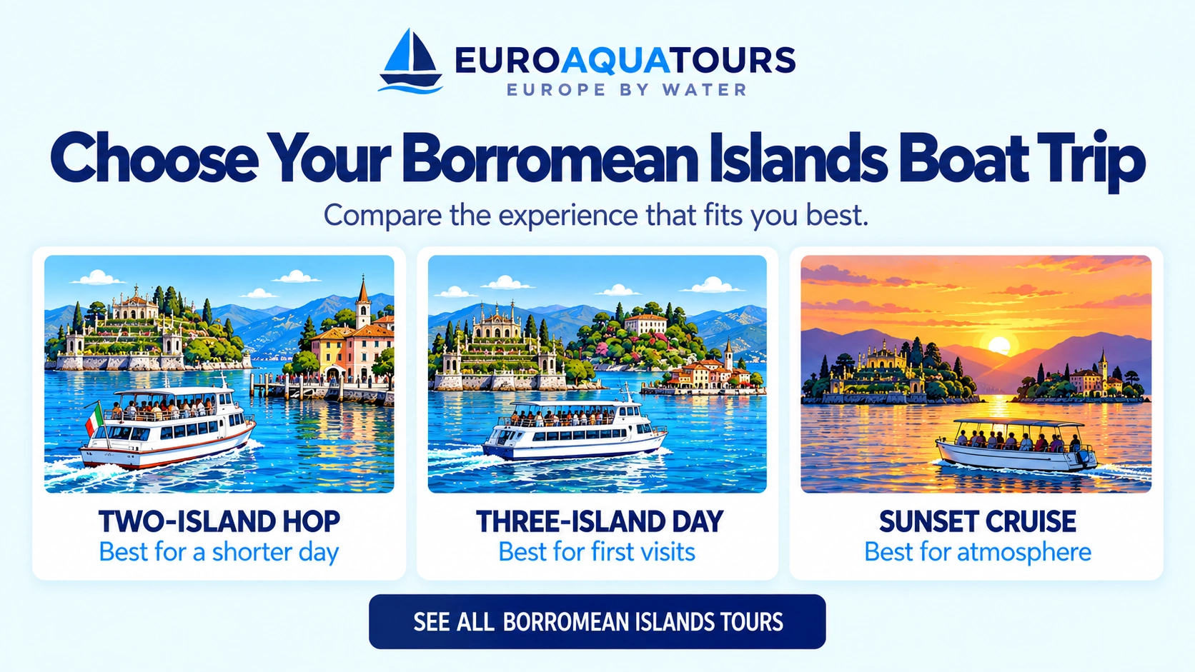Choose a Borromean Islands boat trip: two-island hop, three-island day or sunset cruise