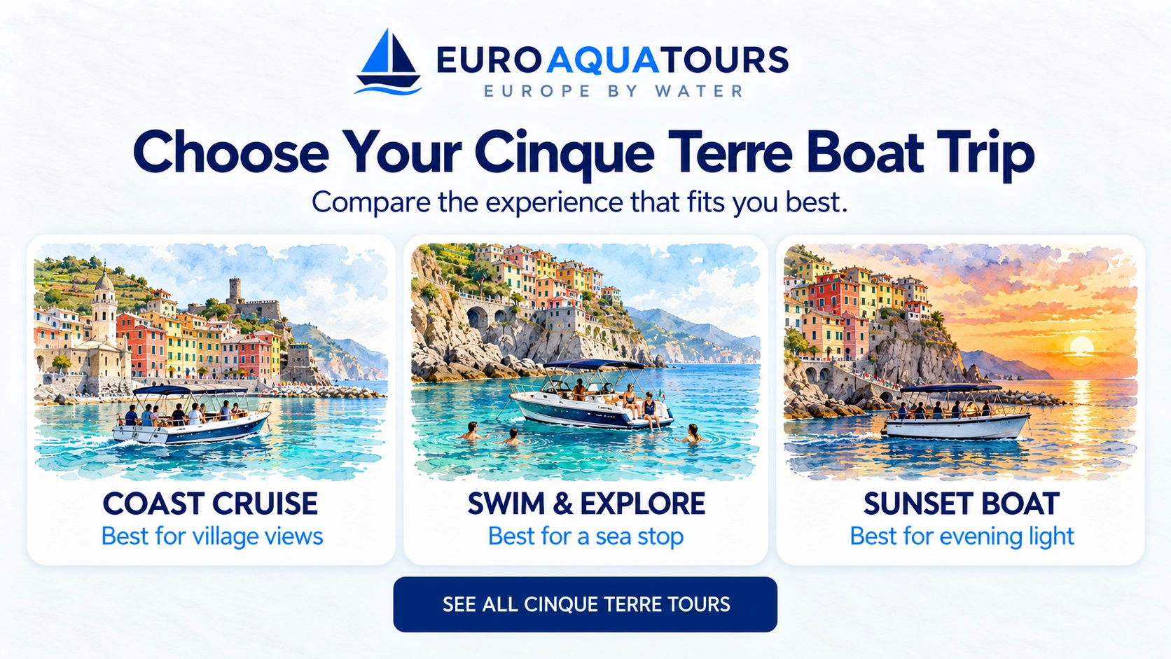 Cinque Terre boat trip comparison of coast cruise, swim stop and sunset boat