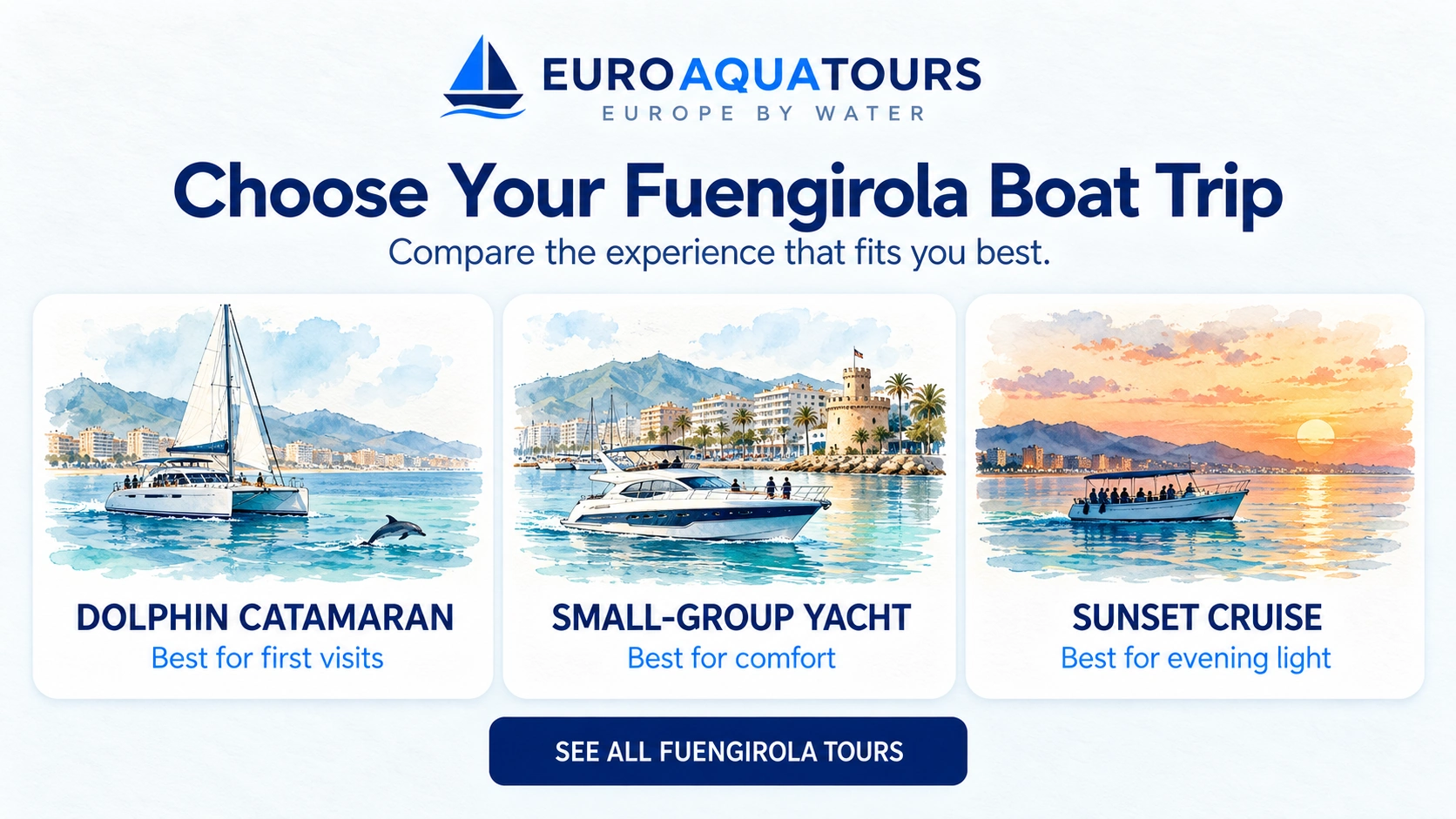 Fuengirola boat trip comparison of dolphin catamaran, small-group yacht and sunset cruise