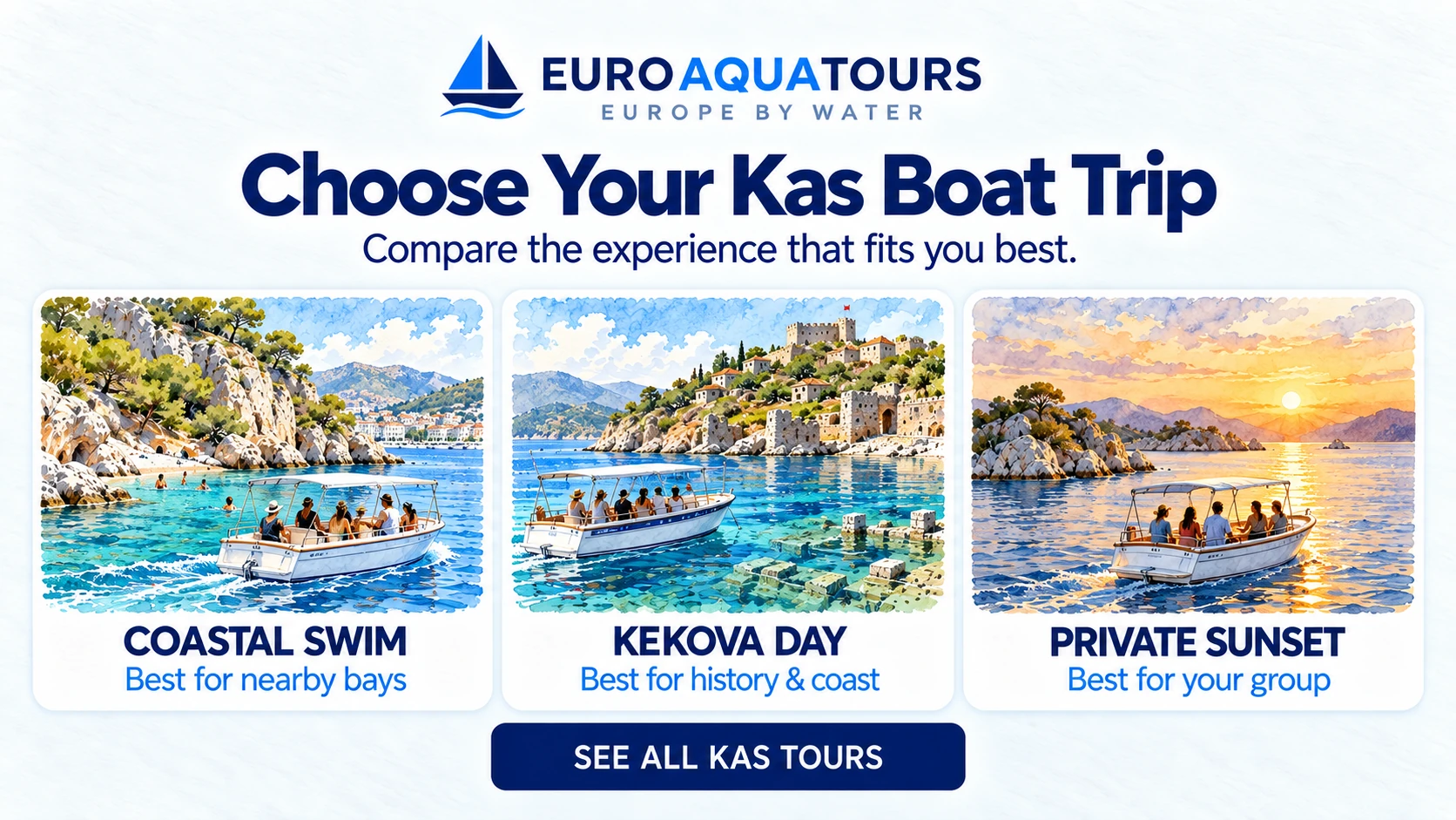 Kas boat trip comparison of nearby swimming bays, a Kekova day trip and private sunset cruise