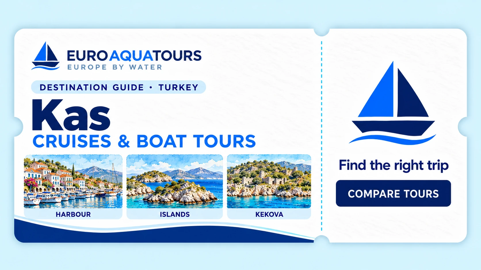 Kas destination guide showing the harbour, nearby islands and Kekova coast