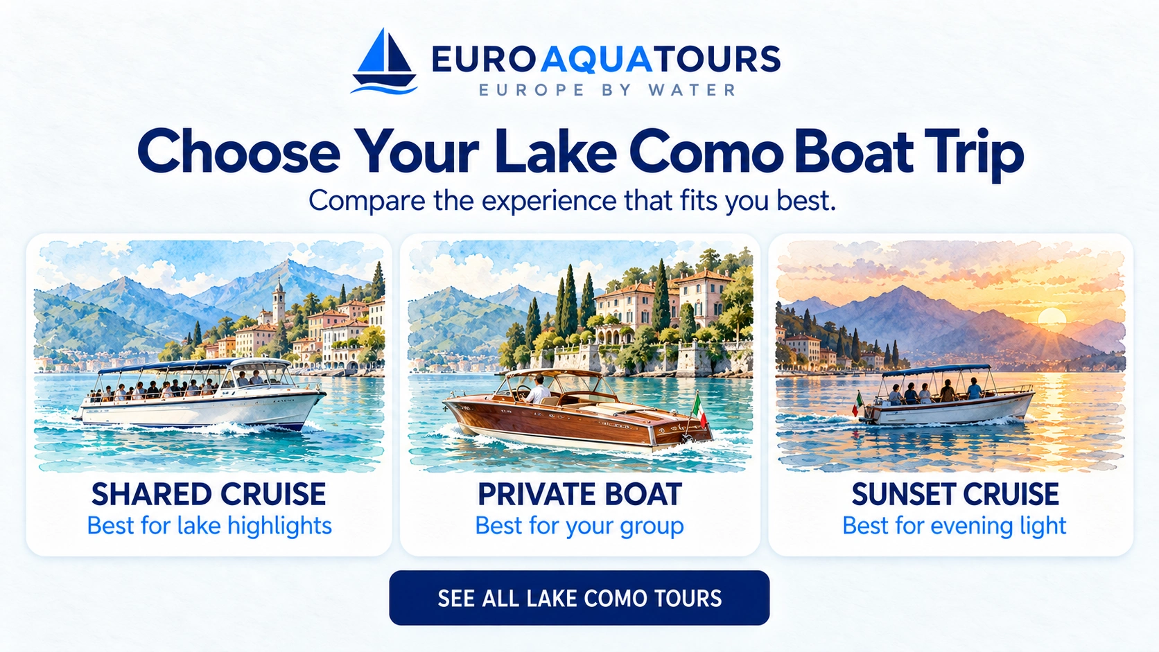 Lake Como boat trip comparison of shared cruise, private boat and sunset cruise