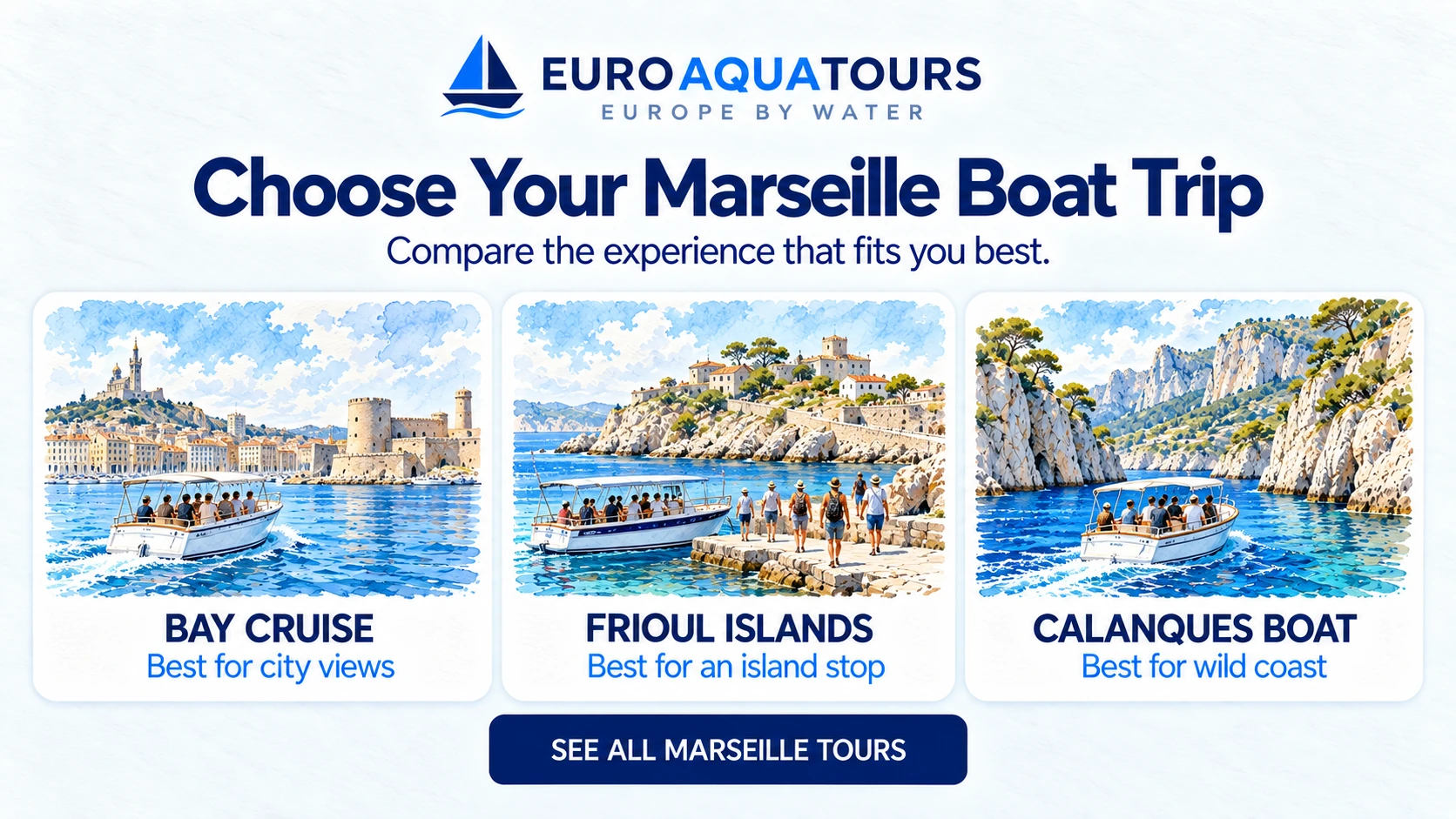Marseille boat trip comparison of a bay cruise, Frioul island stop and Calanques excursion