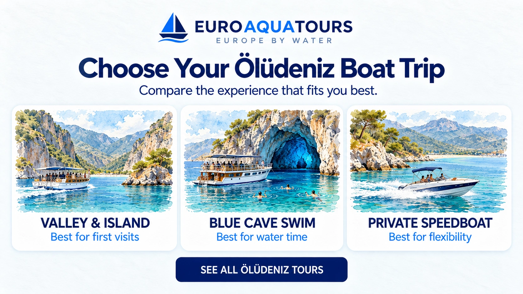 Ölüdeniz boat trip comparison of valley and island, Blue Cave swim and private speedboat