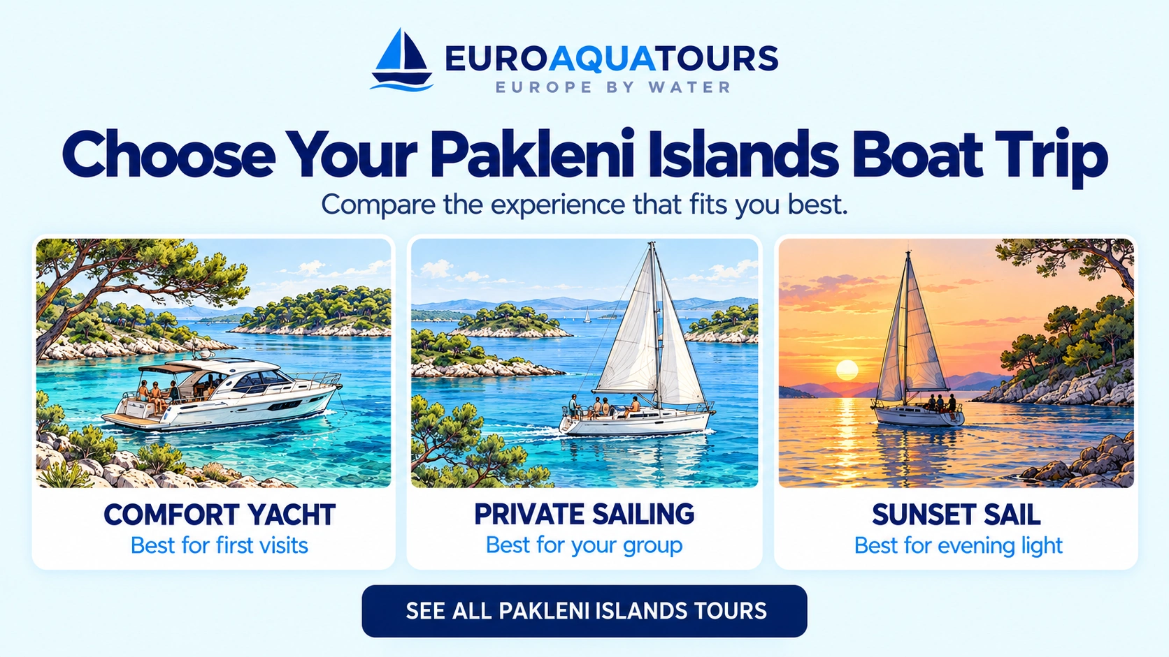 Pakleni Islands boat trip comparison of comfort yacht, private sailing and sunset sail