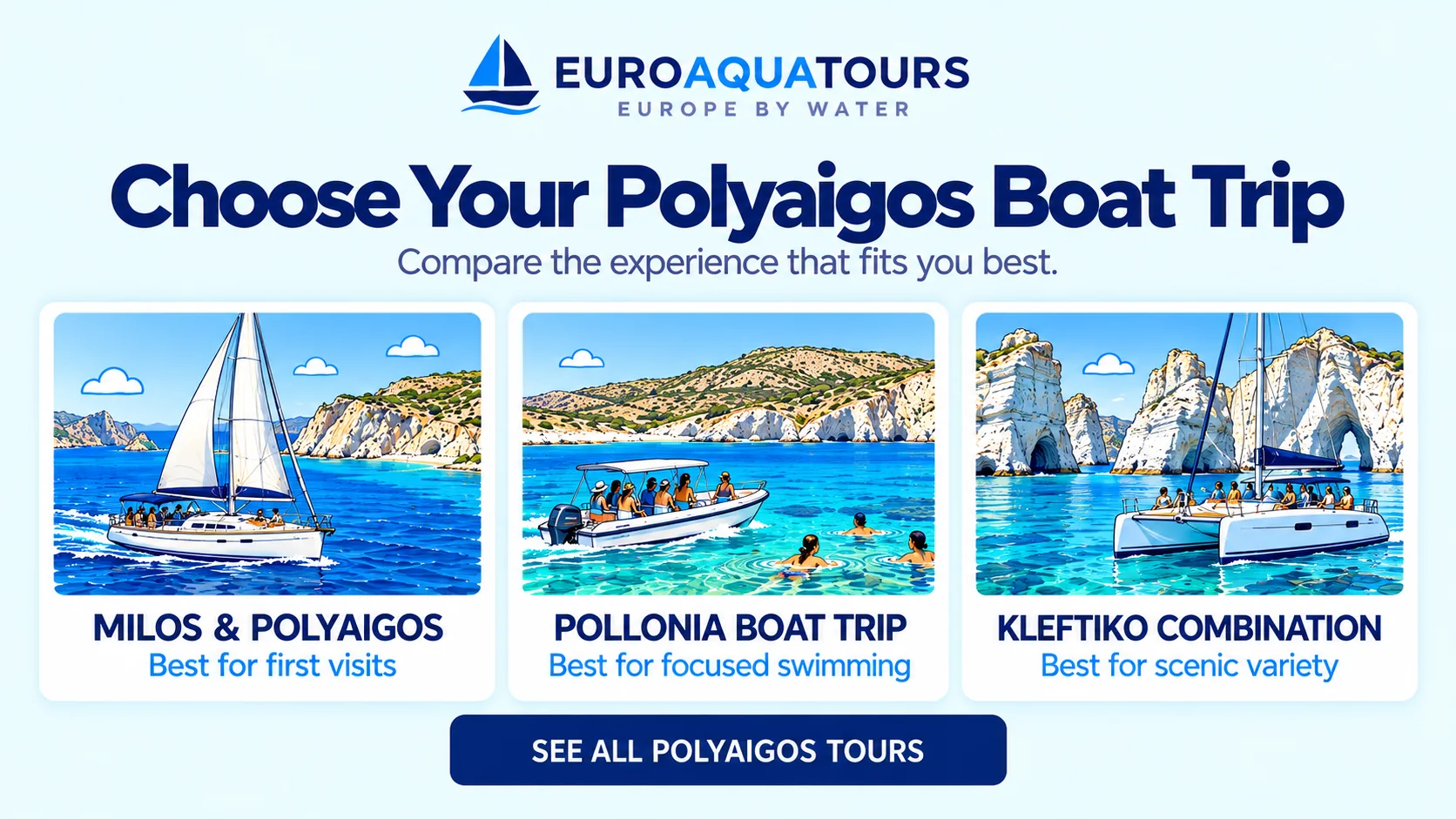 Polyaigos boat trip comparison of a Milos circuit, Pollonia departure and Kleftiko combination