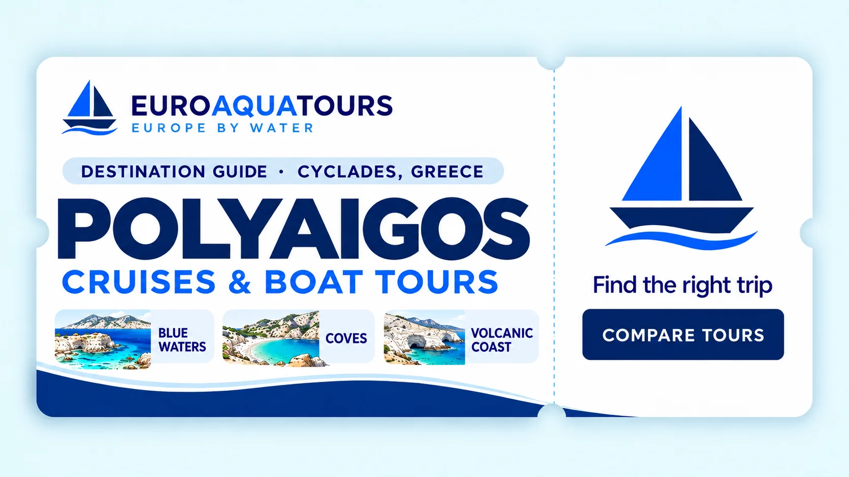 Polyaigos destination guide showing blue water, island coves and volcanic coastline