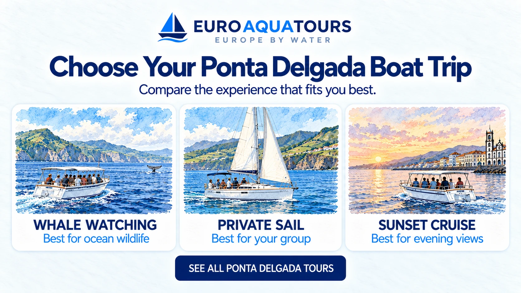 Ponta Delgada boat trip comparison of whale watching, private sailing and sunset cruising