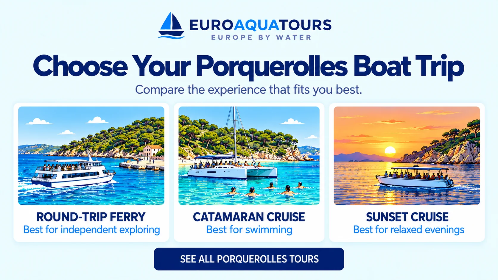 Porquerolles boat trip comparison of a round-trip ferry, catamaran cruise and sunset cruise