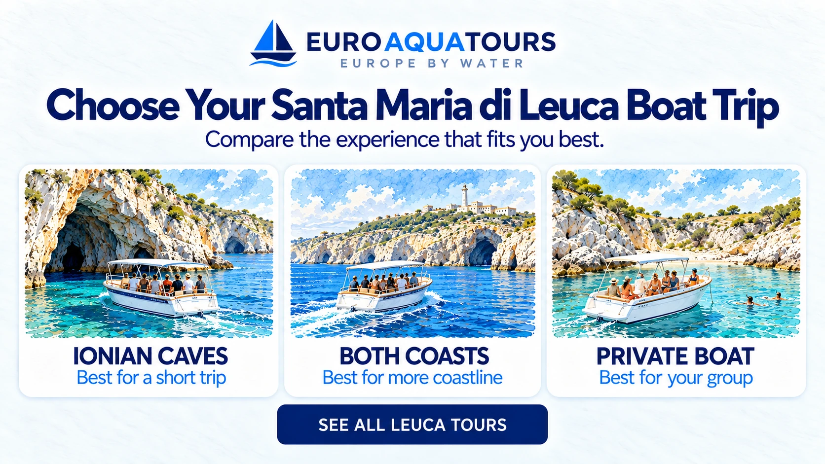 Santa Maria di Leuca boat trip comparison of Ionian caves, both coasts and a private boat