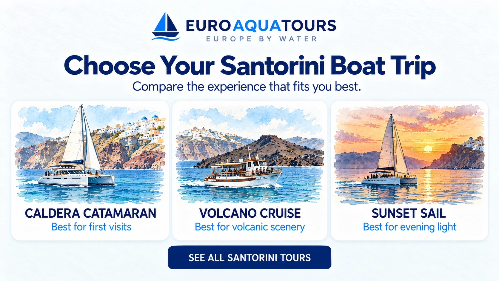 Santorini boat trip comparison of caldera catamaran, volcano cruise and sunset sail
