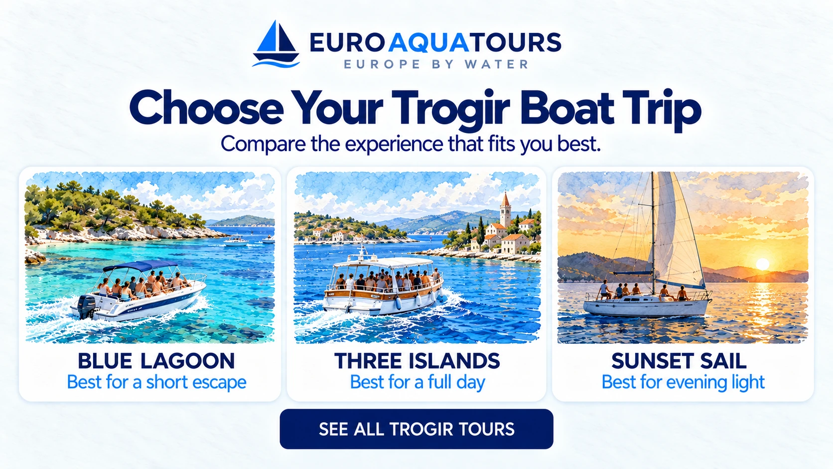 Trogir boat trip comparison of Blue Lagoon, a three-island cruise and sunset sailing